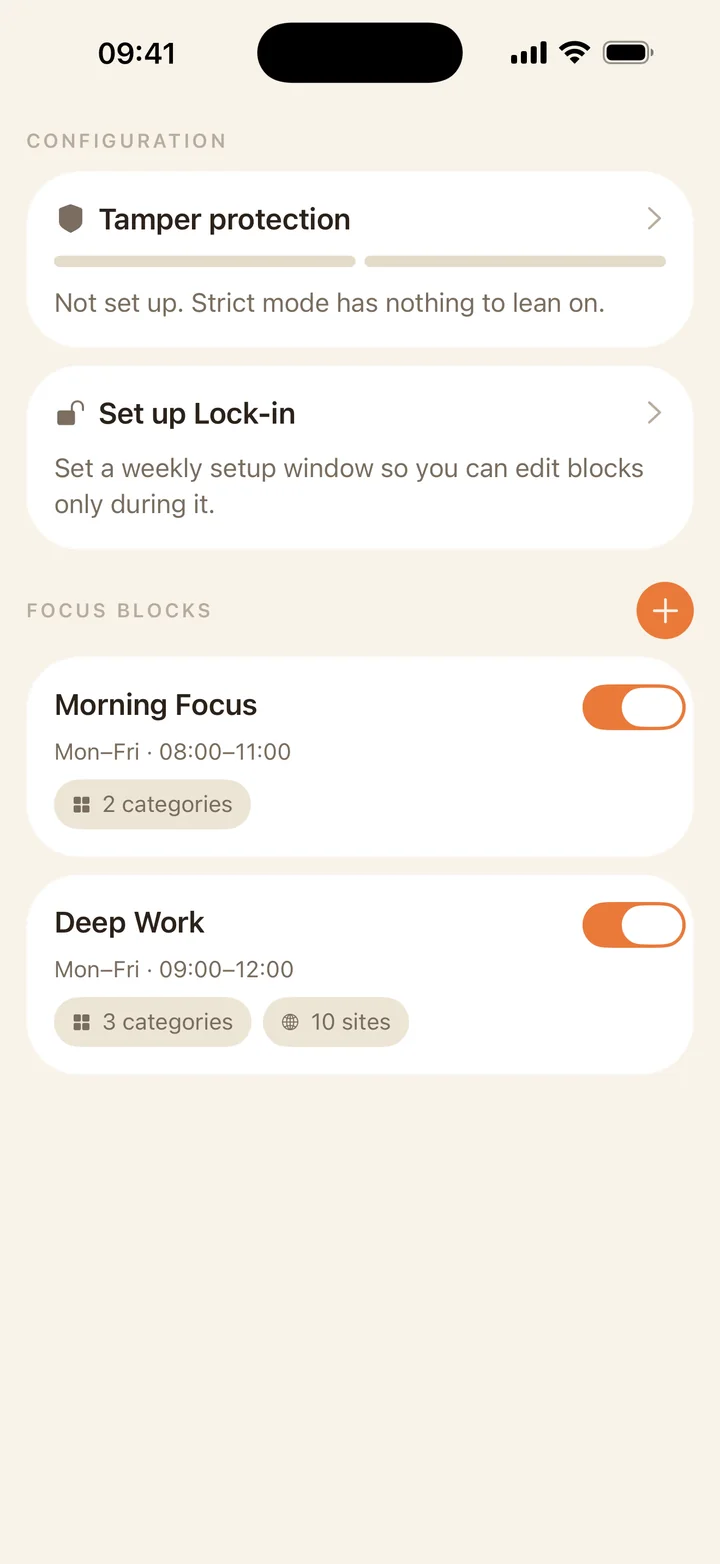 Focus Blocks app showing active focus blocks and setup cards.